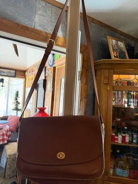 Coach Brown Leather Key Tag with Brass Beaded Chain